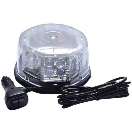 Warning light beacon, amber, 12-24V, 32W, clear dome with black base and plug-in cord, DGT Agri