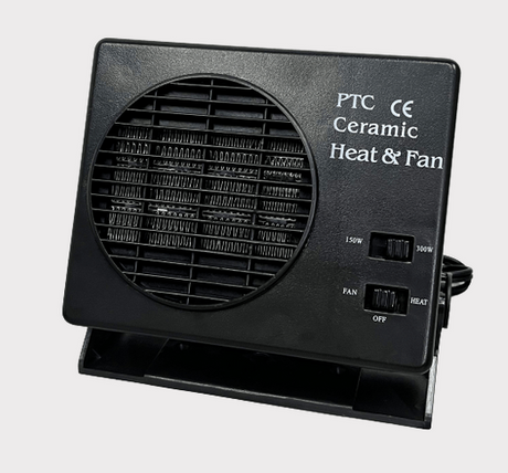 UTV cab heater by DGT Agri; black ceramic PTC heat and fan unit with fan/heat switches.