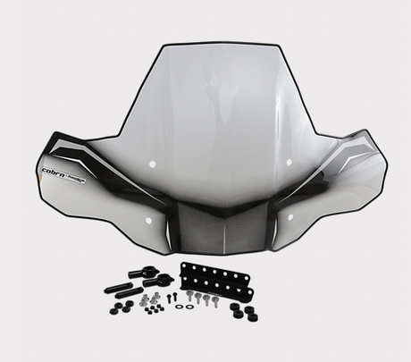 Windscreen – Cobra Pro-Tek universal ATV by DGT Agri, clear with black frame; mounting hardware included.