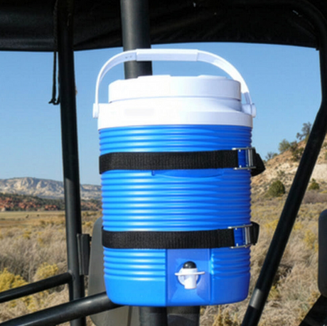 Bucket Binder – UTV by DGT Agri; blue cooler-style carrier with white lid and two black straps.