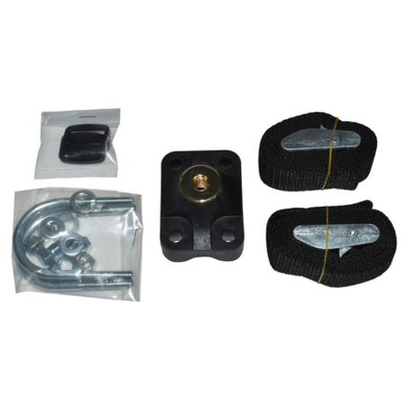 Bucket Binder UTV kit by DGT Agri with black mounting block, two strap assemblies, bolts, nuts, washers