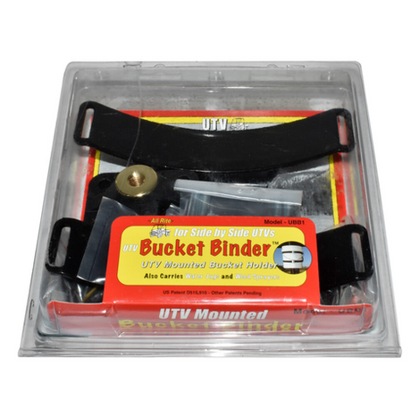 UTV Bucket Binder kit by DGT Agri in red packaging with black metal brackets