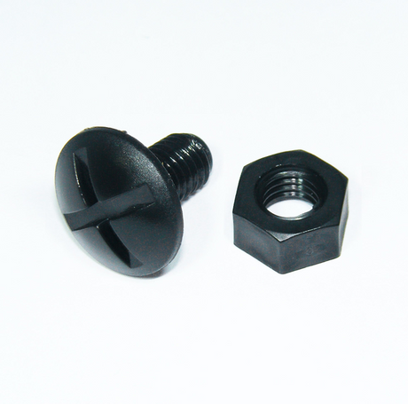 Black plastic nut and bolt fasteners for mudguards; two pieces shown.