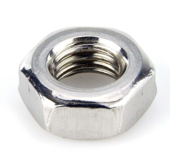 Hex nut, chrome-plated steel, 12mm size, metal hardware fastener.