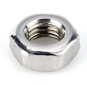 Hex nut, chrome-plated steel, 12mm size, metal hardware fastener.