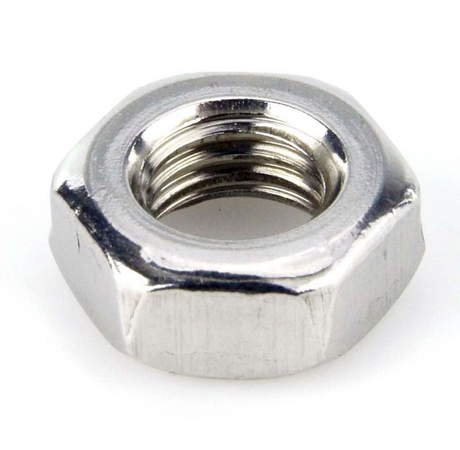 Hex nut, chrome-plated steel, 12mm size, metal hardware fastener.