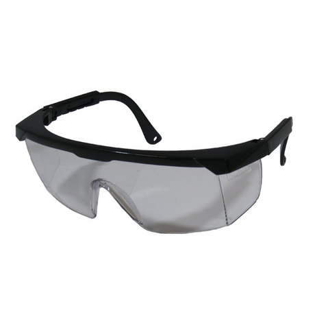 Safety glasses with black frame and clear wraparound lenses.