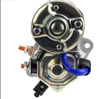 Denso gear reduction starter motor, 12V, metallic finish with blue wire and mounting bolts