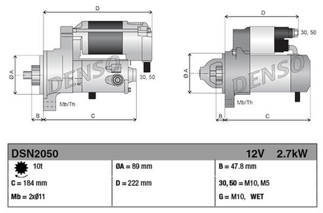 Denso DSN2050 gear reduction starter motor, 12V 2.7kW; machinery starters, dimensions C=184mm, D=222mm