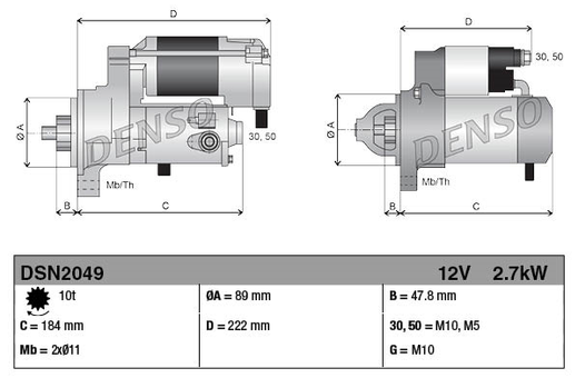 Denso gear reduction starter motor, 12V, 2.7kW, machinery starters