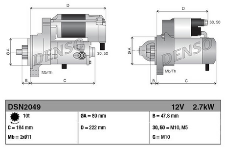 Denso gear reduction starter motor, 12V, 2.7kW, machinery starters