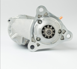 Denso gear reduction starter motor; silver metal body with flange mount and visible pinion gear
