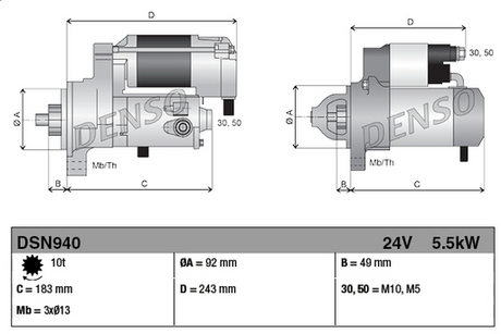 Denso gear reduction starter motor, gray metal body, 24V 5.0kW