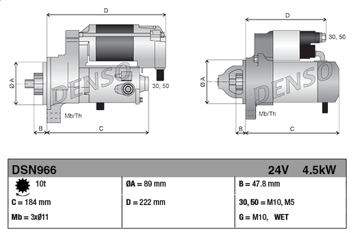 Denso DSN966 gear reduction starter motor, 24V, 4.5kW, gray metal body