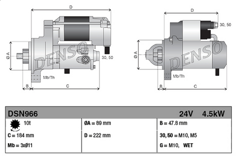 Denso DSN966 gear reduction starter motor, 24V, 4.5kW, gray metal body
