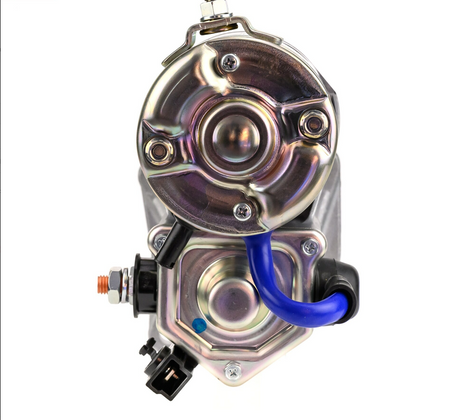 Denso gear reduction starter motor, 24V 4.5kW, metal housing with blue cable.