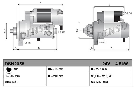 Denso gear reduction starter motor, 24V, 4.5kW with two-view engineering drawing showing dimensions and specs