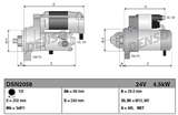 Denso gear reduction starter motor, 24V, 4.5kW with two-view engineering drawing showing dimensions and specs