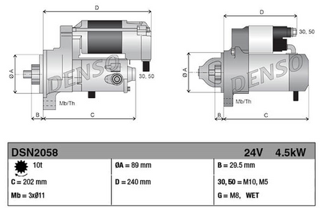 Denso gear reduction starter motor, 24V, 4.5kW with two-view engineering drawing showing dimensions and specs