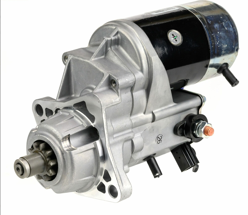Denso gear reduction starter motor, 12V 2.5kW for John Deere tractors; silver aluminum housing, black motor body