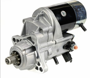 Denso gear reduction starter motor, 12V 2.5kW for John Deere tractors; silver aluminum housing, black motor body