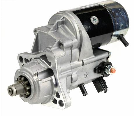Denso gear reduction starter motor, 12V 2.5kW for John Deere tractors; silver aluminum housing, black motor body