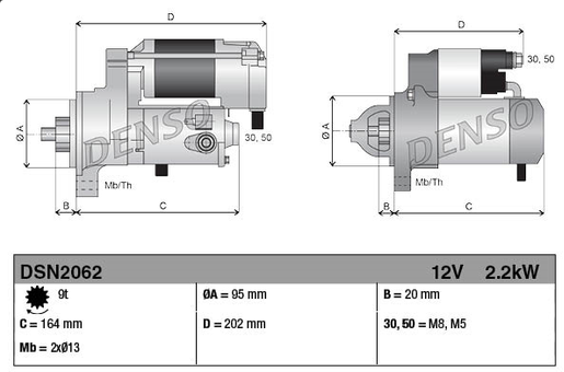 Denso gear reduction starter motor, 12V 2.2kW, for Komatsu WA80M/WA100M, side and end views