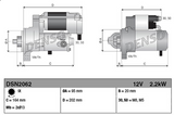 Denso gear reduction starter motor, 12V 2.2kW, for Komatsu WA80M/WA100M, side and end views