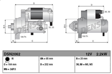 Denso gear reduction starter motor, 12V 2.2kW, for Komatsu WA80M/WA100M, side and end views