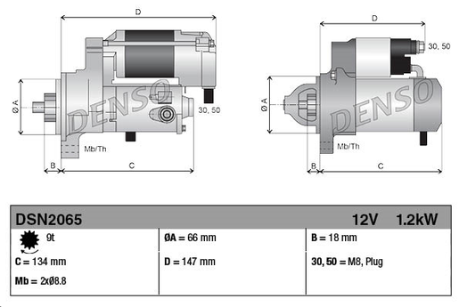 Denso gear reduction starter motor, 12V 1.2kW compatible with Kubota KX36-3, RT100.