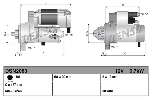 Denso starter motor 12V 0.7kW with grey metal body, two-view technical diagram showing dimensions