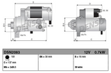 Denso starter motor 12V 0.7kW with grey metal body, two-view technical diagram showing dimensions