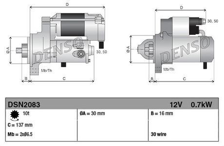 Denso starter motor 12V 0.7kW with grey metal body, two-view technical diagram showing dimensions