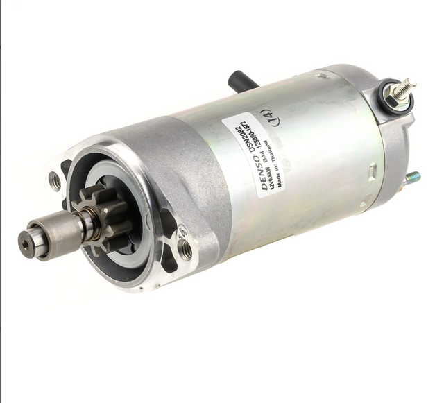 Denso starter motor, 12V, 0.6kW, metallic finish, for Bombardier machinery