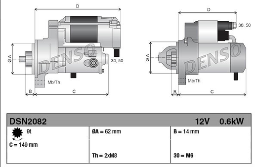Starter motor by Denso, 12V 0.6kW DSN2082 shown with engineering drawings