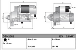 Starter motor by Denso, 12V 0.6kW DSN2082 shown with engineering drawings