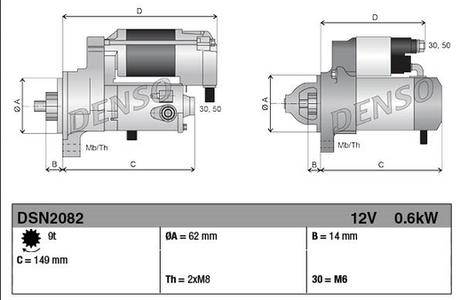 Starter motor by Denso, 12V 0.6kW DSN2082 shown with engineering drawings