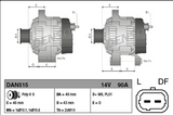 Denso 14V 90A alternator for Citroën/Peugeot/Mitsubishi; dual-view technical diagrams with mounting dimensions