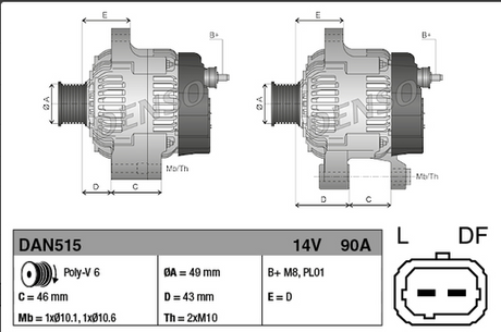 Denso 14V 90A alternator for Citroën/Peugeot/Mitsubishi; dual-view technical diagrams with mounting dimensions