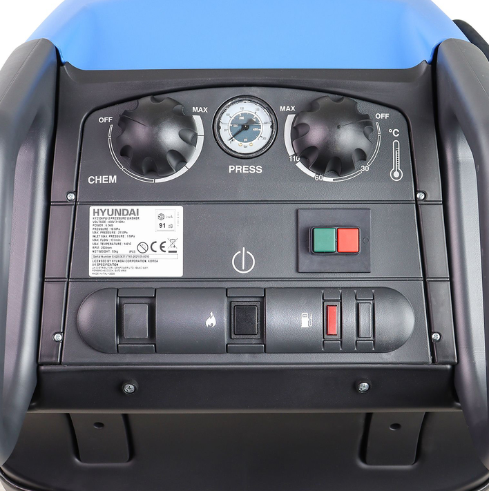 Pressure washer control panel by Hyundai on a blue body, with two black knobs, pressure gauge, and power switch.