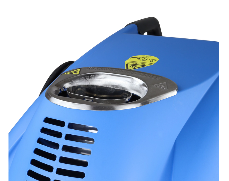Blue electric hot-water pressure washer with circular stainless fill cap and vented body.
