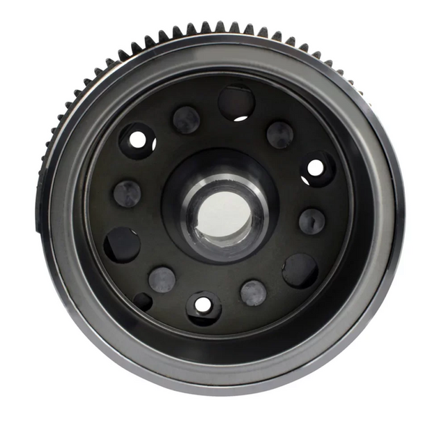 Flywheel and ring gear for Yamaha YFM 600 Grizzly (1998–2001), black steel with toothed outer ring and central bore