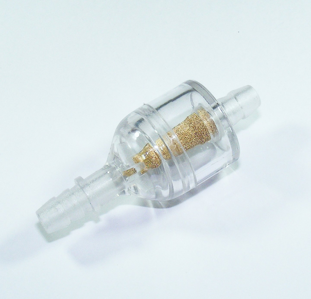 Inline fuel filter by DGT Agri; universal nylon 6mm (1/4 in), clear plastic housing with brass mesh