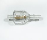 Inline fuel filter with clear plastic housing, brass mesh core, and 1/4 in barbed fittings.