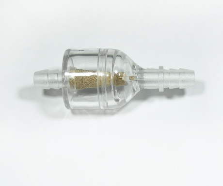 Inline fuel filter with clear plastic housing, brass mesh core, and 1/4 in barbed fittings.