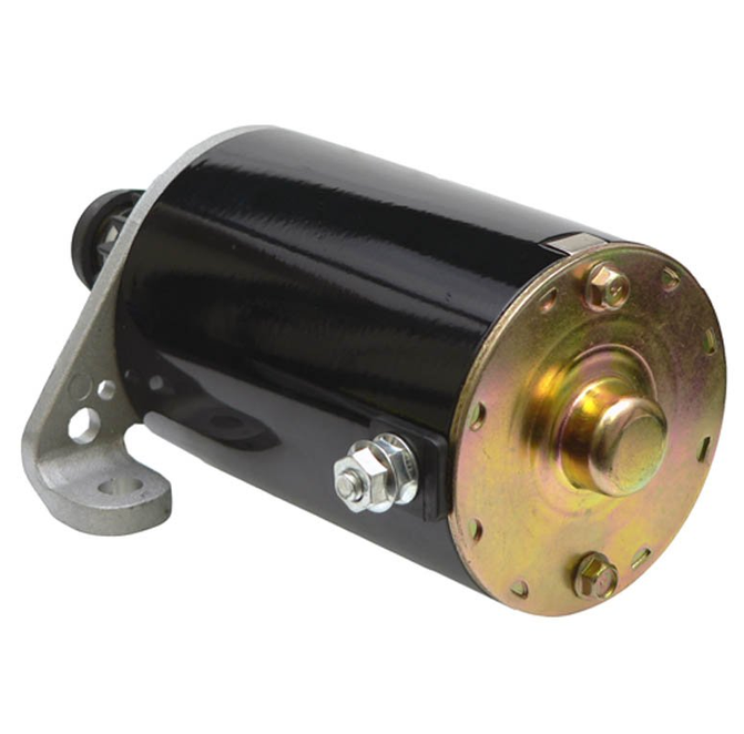 Starter motor with a black cylindrical body, gold-toned end cap, and mounting bracket.