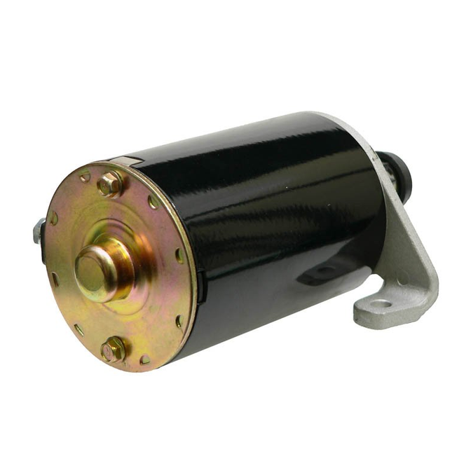 Briggs & Stratton starter motor with black cylindrical body, gold front plate and silver mounting bracket.