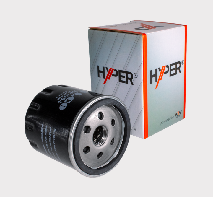 Oil filter Hyper brand with its box; black canister and metal mounting base.