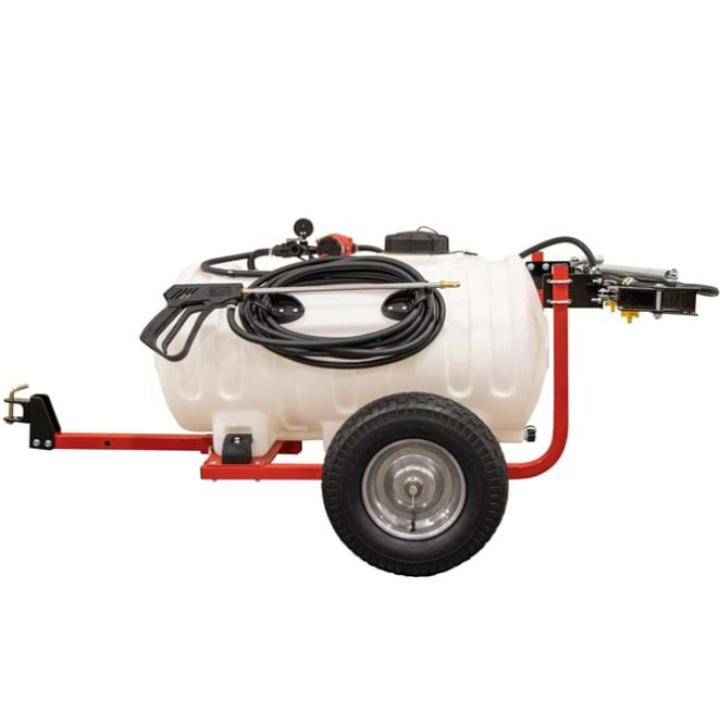 Trailer sprayer by DGT Agri, 170L 12V with 4-nozzle boom, white tank on red frame and single-axle wheel