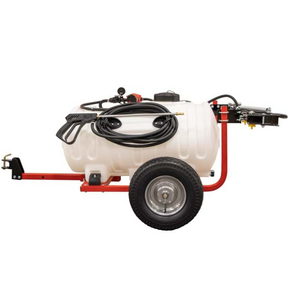 Trailer sprayer by DGT Agri, 170L 12V with 4-nozzle boom, white tank on red frame and single-axle wheel